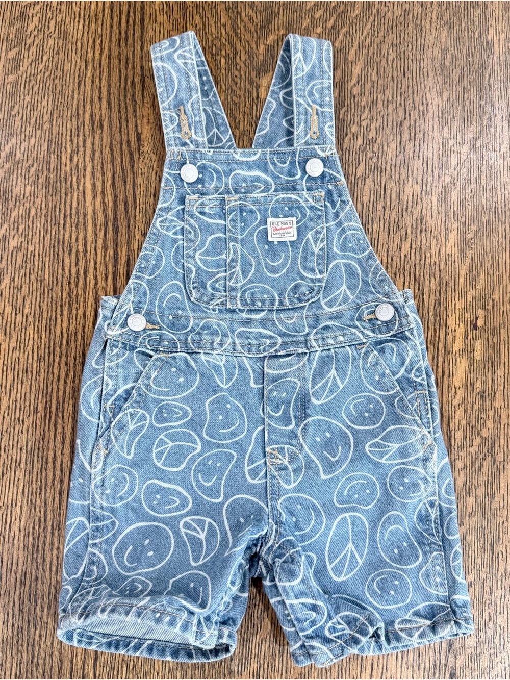 Old Navy Light Blue Denim Smiley & Peace Shortalls - 18/24mo